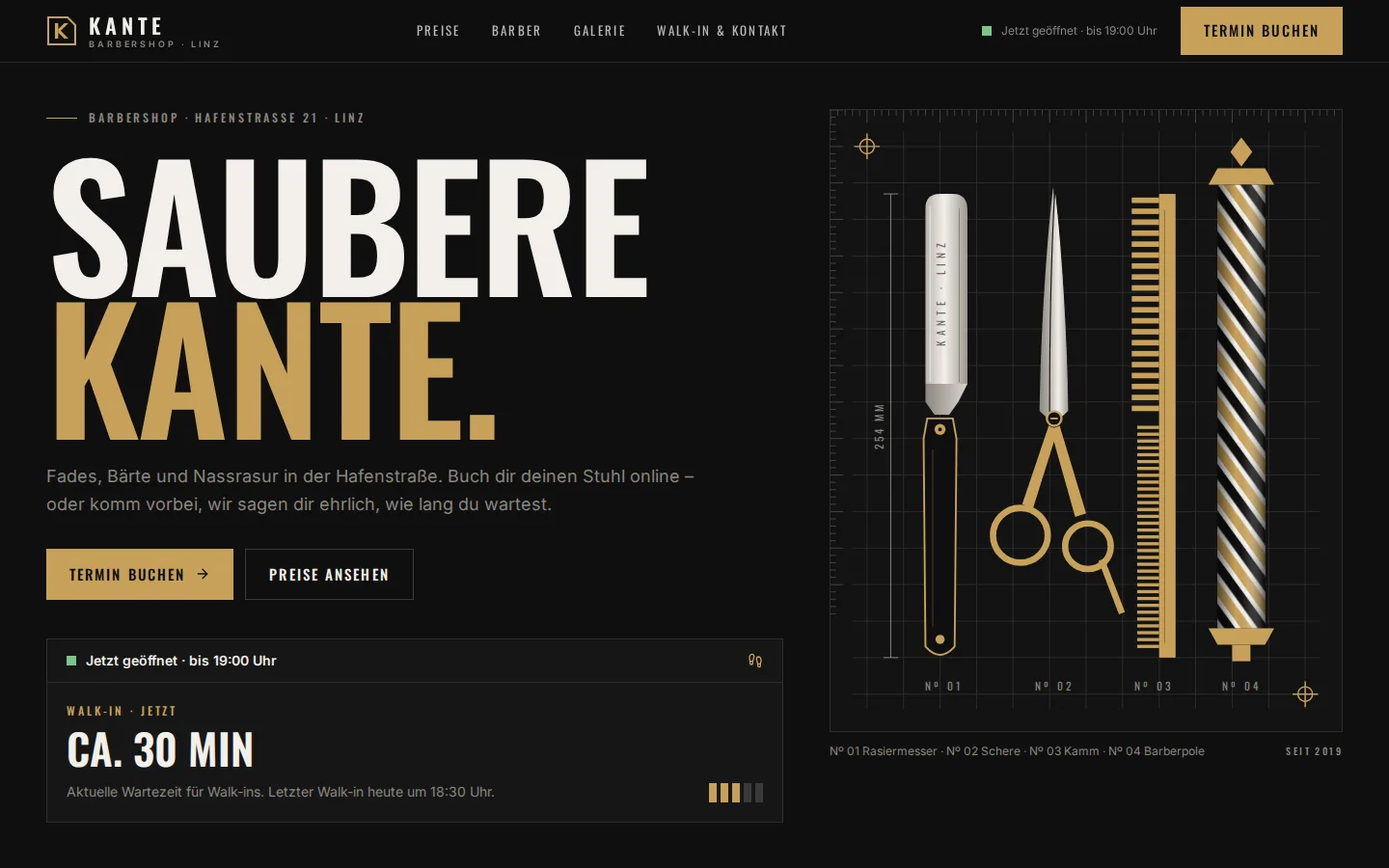 Startseite der Demo-Website Kante Barbershop (Barbershop)