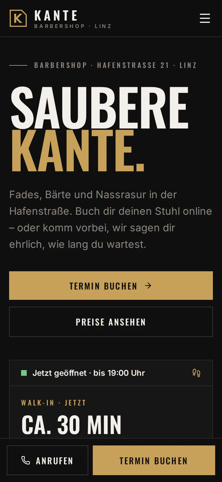 Demo-Website Kante Barbershop am Smartphone
