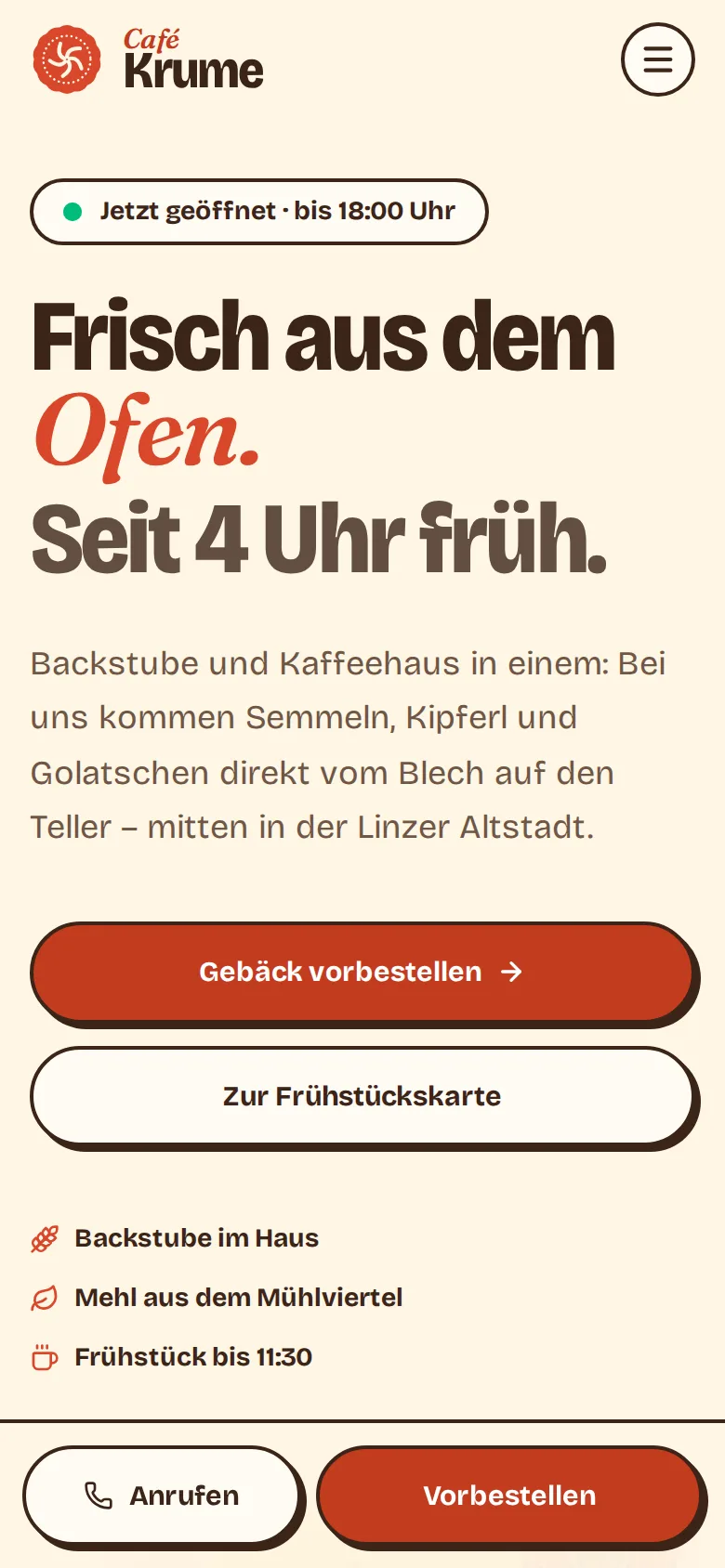 Demo-Website Café Krume am Smartphone