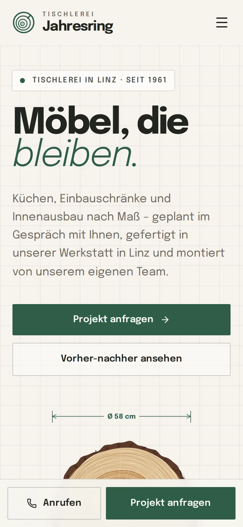 Demo-Website Tischlerei Jahresring am Smartphone